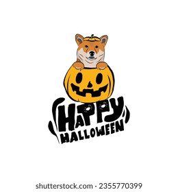Happy Halloween postcard with Shiba Inu dog peeking out from the pumpkin. Shiba Dog head in pumpkin. October hand-drawn calligraphy with halloween funny icons. Festive Creative Halloween Art Work. 