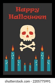 Happy Halloween postcard with skull and candles on a dark background. vector illustration