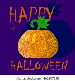 Happy Halloween postcard template with glitter pumpkin. Autumn or fall seasonal greeting template, party invitation, festive illustration. Vector image of orange pumpkin with place for text