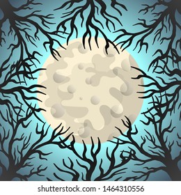 Happy Halloween postcard template. Mysterious night frame vector illustration. Old leafless trees and full moon over misty sky