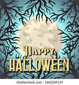 Happy Halloween postcard template. Mysterious night frame vector illustration. Old leafless trees and full moon over misty sky with text
