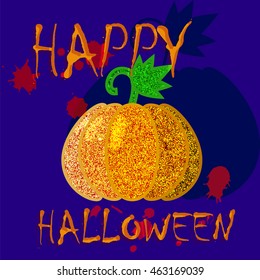 Happy Halloween postcard template with orange letters, glitter pumpkin and red splashes on blue background. Autumn holiday greeting template, party invitation, postcard, social media banner