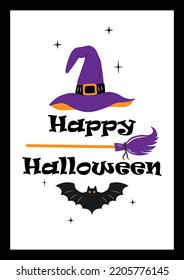Happy Halloween Postcard With Witch Hat, Broom And Bat. Vector Illustration