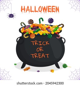 Happy Halloween postcard. Witch s cauldron with different sweets, spider and cobweb on a white background. Vector illustration