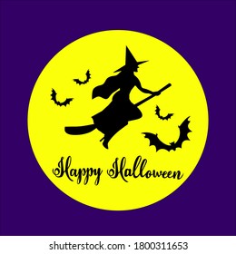 Happy Halloween postcard with Witch silhouette flying on Broomstick in front of the moon.