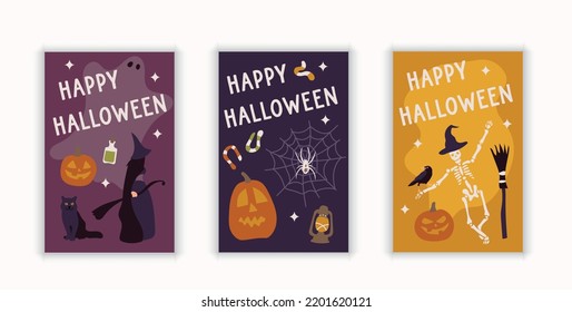 Happy Halloween postcards cards set bundle with pumpkin, witch, skeleton, cat. Yellow, purple, dark blue.