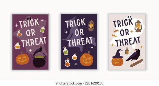 Happy Halloween postcards cards set bundle with pumpkin, ghost, raven, crow. White, purple, dark blue.