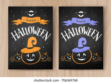 Happy Halloween postcards color chalked designs set with lettering and pumpkin with witch hat on wood background.