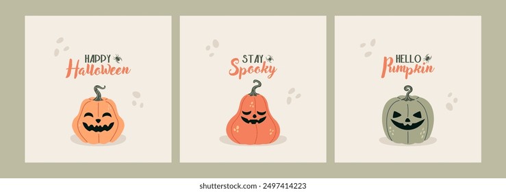 Happy Halloween postcards.  Cute pumpkin character cards. 31 October