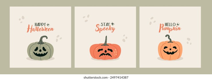 Happy Halloween postcards.  Cute pumpkin character cards. 31 October