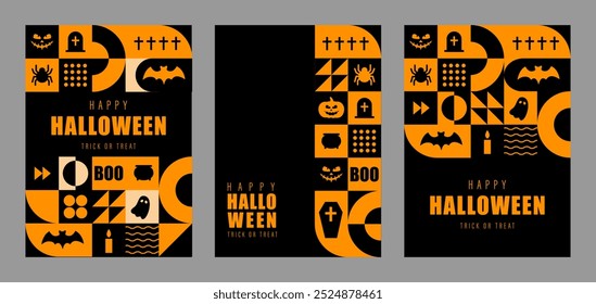 Cartões postais felizes de Halloween. Conjunto de 3 mínimos vintage 20s posters de design geométrico com elementos de formas primitivas laranja. Padrão geométrico neológico. Ilustração vetorial em estilo minimalista de bauhaus.