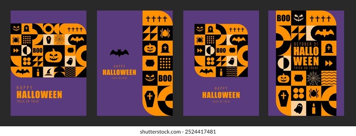 Feliz Halloween. Conjunto de 4 posters de diseño geométrico vintage 20s mínimo con Elementos de Formas primitivas naranjas. Patrón geométrico neo. Ilustración vectorial en estilo minimalista Bauhaus.