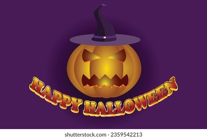 Happy Halloween poster with 3d text, scary pumpkin face and scary hat, Halloween greeting card design, vector art illustration