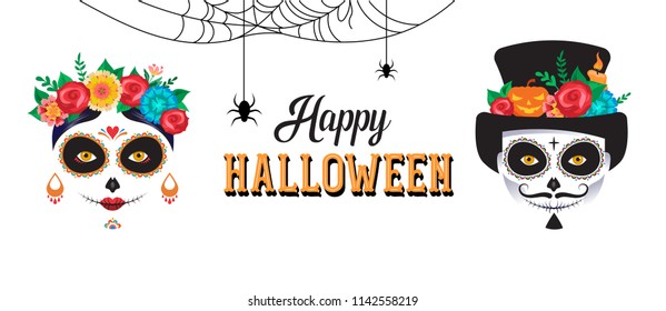 Happy Halloween poster, background, banner and card with woman and man skull make up