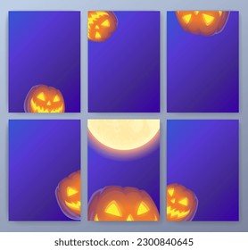 Happy Halloween poster background. Business card with halloween story. Vector Invitation template. Orange and violet colors.