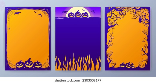 Happy Halloween poster background. Business card with halloween story, pumpkins, bats and moon. Vector Invitation template. Orange and violet colors.
