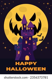 Happy halloween poster. halloween background with castle, pumpkins and moon