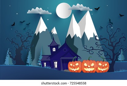 Happy Halloween Poster and background. happy halloween day with paper art design.