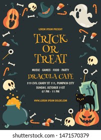 Happy Halloween Poster Background Template. Halloween Party, Trick or Treat. Pumpkin, Cat, Bat, Moon, Ghost, Skull, Witch, Eye Ball, Cemetery. Vector illustration.