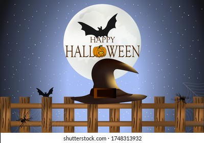  Happy Halloween Poster. Background with a wooden fence with witches hat and spiders. Halloween party graphics design.