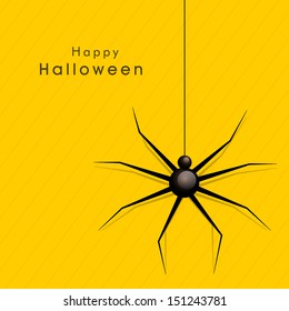 Happy Halloween poster, banner or background with spider on yellow background. 