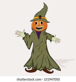 Happy Halloween poster, banner or background with halloween pumpkin in witch costume on abstract background.