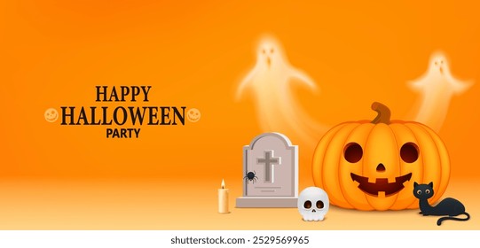 Happy Halloween poster banner. Big pumpkin with ghosts, grave with spider on web and candle, skull with glowing eyes, black cat. Halloween celebration design.