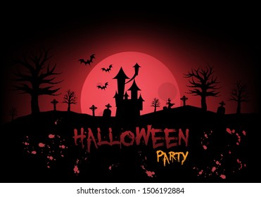 Happy halloween poster banner with castle and Cemetery Mark on red moon background.