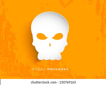 Happy Halloween poster, banner or flyer with human skull on grungy brown background. 