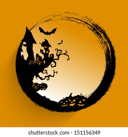 Happy Halloween poster, banner or flyer with scary pumpkins, haunted house, flying bats and space for your text. 