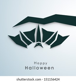 Happy Halloween poster, banner or flyer with hanging bat from tree branch on blue background.