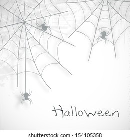 Happy Halloween poster, banner or flyer with spider web on grey background. 