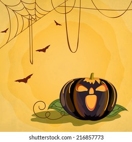 Happy Halloween poster, banner or flyer design with scary pumpkin on spider web yellow background for Trick or Treat party celebrations. 