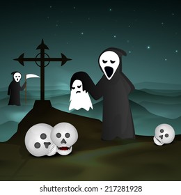 Happy Halloween poster, banner or flyer design with scary ghost holding skull in moonlight night background. 