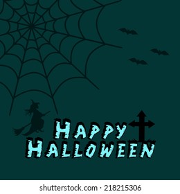 Happy Halloween poster, banner or flyer design with witch flying on broom on spider web decorated background. 