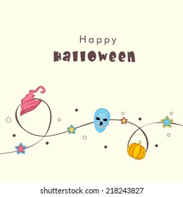 Happy Halloween poster, banner or flyer design with scary mask on beige background for Trick or Treat celebrations.