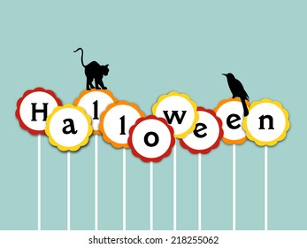 Happy Halloween poster, banner or flyer design with black crow and cat on flying balloons on green background. 