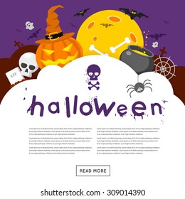 Happy halloween poster, banner, fly-er. Pumpkin and skull on the background of the moon with spider and bats. Halloween party. Flat design vector illustration.