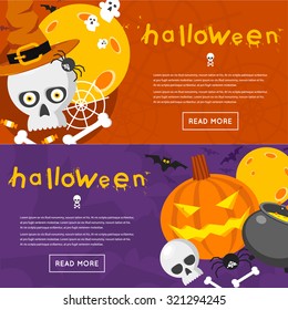 Happy halloween poster, banner, fly-er. Pumpkin and skull on the background of the moon with spider and bats. Halloween party. Flat design vector illustration.