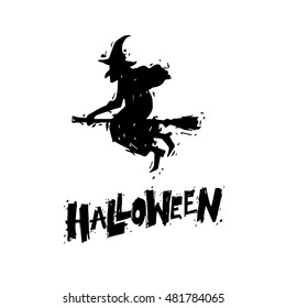 Happy halloween poster, banner, fly-er. Witch flying on a broomstick. Black on white. Lettering. Halloween party. Flat design vector illustration.