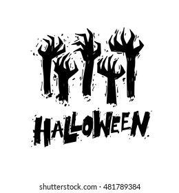 Happy halloween poster, banner, fly-er. Hand sticking out of the ground. Black on white. Lettering. Halloween party. Flat design vector illustration.