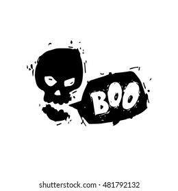 Happy halloween poster, banner, fly-er. Talking skull. Black on white. Lettering. Halloween party. Flat design vector illustration.