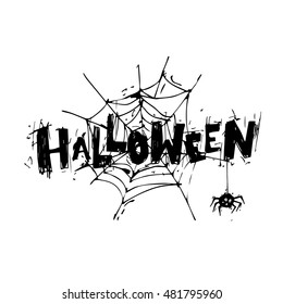 Happy halloween poster, banner, fly-er. Spider web with the spider. Black on white. Lettering. Halloween party. Flat design vector illustration.