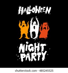 Happy halloween poster, banner, fly-er. Lettering, calligraphy, lino-cut. Halloween party. Flat design vector illustration.