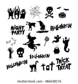 Happy halloween poster, banner, fly-er. Pumpkin. Lettering, calligraphy, lino-cut. Halloween party. Flat design vector illustration.