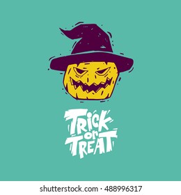 Happy halloween poster, banner, flyer. Pumpkin. Lettering, lino-cut. Halloween party. Flat design vector illustration.