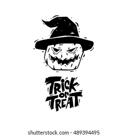 Happy halloween poster, banner, fly-er. Pumpkin. Lettering, hand-drawn, lino-cut. Halloween party. Flat design vector illustration.