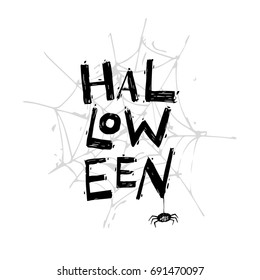 Happy halloween poster, banner, fly-er. Spider web with the spider. Black on white. Lettering. Halloween party. Flat design vector illustration.