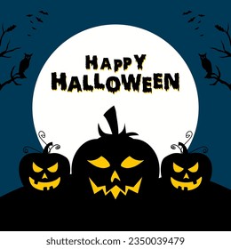 Happy halloween poster banner with green pumpkin haunted house on full moon vector illustration.