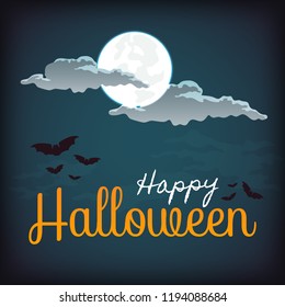 Happy halloween poster, banner, greeting card design with full moon, clouds and bats on the dark blue sky. Vector background.